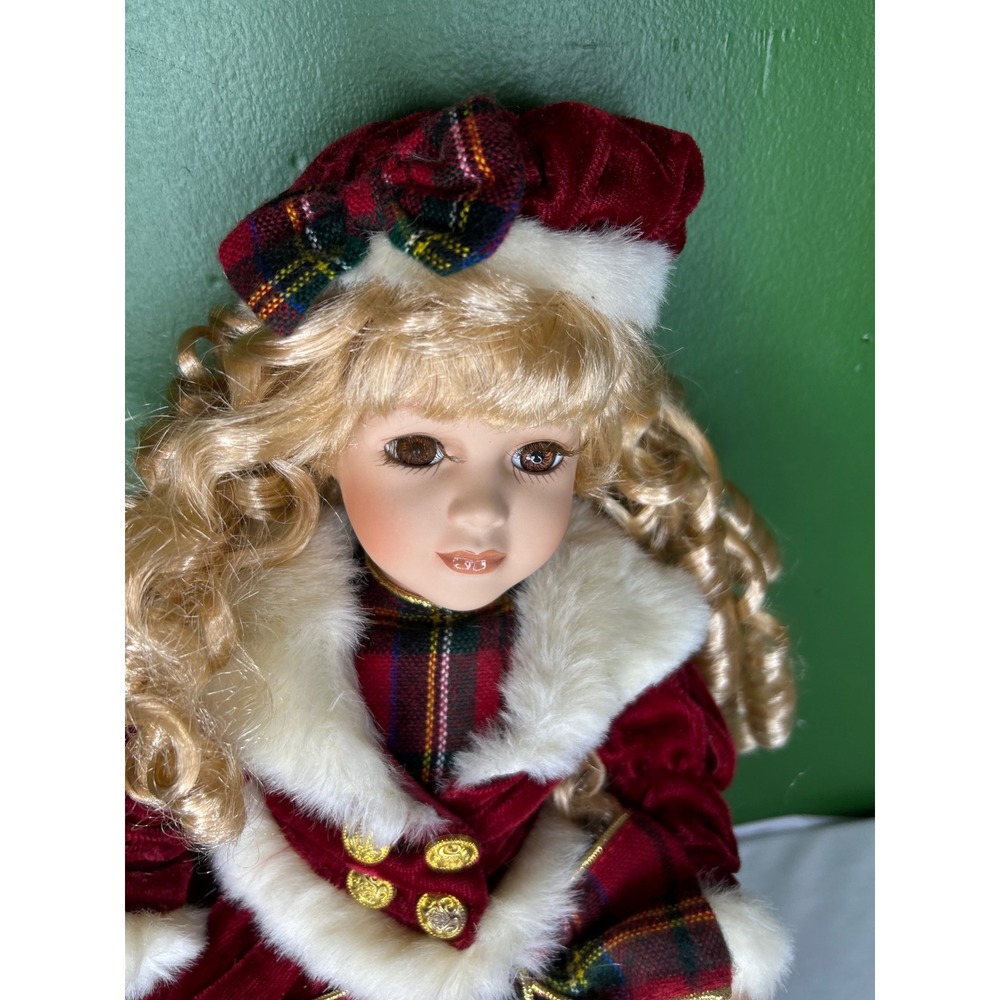 Vintage Porcelain Holiday Doll Burgundy Velvet Plaid Dress Faux Fur Trim Blonde - Picture 2 of 7